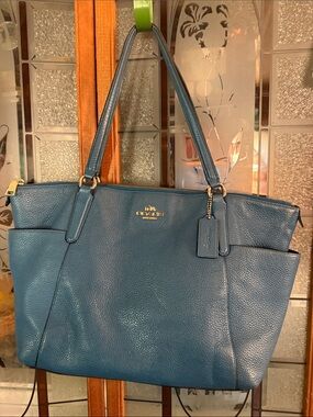 Coach Pebbled Leather Tote in Teal Blue with Gold Hardware